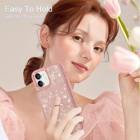 for iPhone 11 Phone Case Wallet,[with 5 Card Holder & 360°Ring Stand] [Screen Protector+Camera Lens Protector] Glitter PU Leather Card Slots Case Cute Flip Phone Cover for iPhone 11,Rose Gold in Saudi Arabia