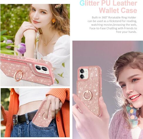 for iPhone 11 Phone Case Wallet,[with 5 Card Holder & 360°Ring Stand] [Screen Protector+Camera Lens Protector] Glitter PU Leather Card Slots Case Cute Flip Phone Cover for iPhone 11,Rose Gold in Saudi Arabia
