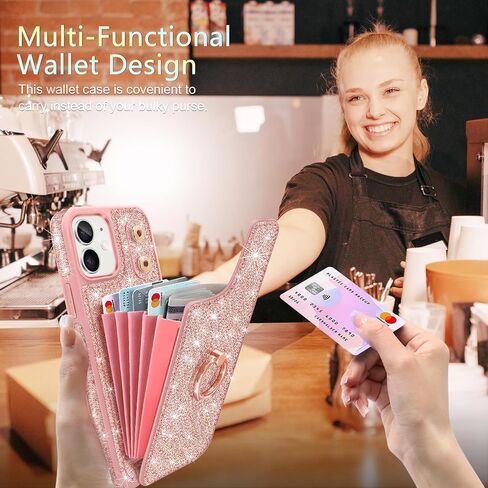 for iPhone 11 Phone Case Wallet,[with 5 Card Holder & 360°Ring Stand] [Screen Protector+Camera Lens Protector] Glitter PU Leather Card Slots Case Cute Flip Phone Cover for iPhone 11,Rose Gold in Saudi Arabia