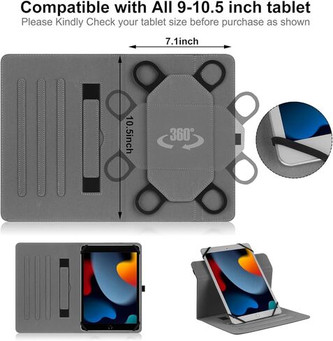 حافظة كمبيوتر لوحي Android عالمية 9 10 10.1 بوصة، حافظة خلفية رفيعة قابلة للدوران 360 درجة للكمبيوتر اللوحي العالمي 9-11 بوصة، مع حامل عرض متعدد الزوايا، أسود in Kuwait