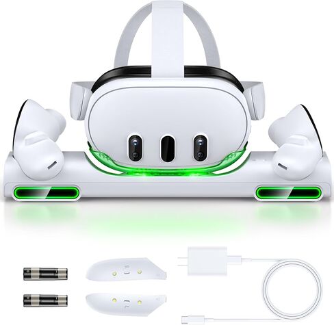 محطة شاحن الواقع الافتراضي لـ Meta Quest 3 مع محول 45 واط، استبدال قاعدة الشحن السريع RGB متوافق مع حامل عرض سماعة الرأس Oculus Meta Quest 3 وحامل وحدة التحكم مع بطاريتين قابلتين للشحن in Kuwait