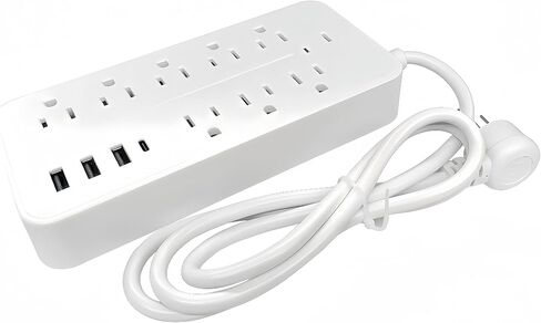 مشترك كهرباء لحماية التيار الزائد، 8 منافذ، 3 منافذ USB، 1 منفذ شحن من النوع C مع 2 أمبير، أبيض in Saudi Arabia