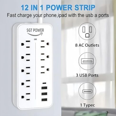 مشترك كهرباء لحماية التيار الزائد، 8 منافذ، 3 منافذ USB، 1 منفذ شحن من النوع C مع 2 أمبير، أبيض in Saudi Arabia