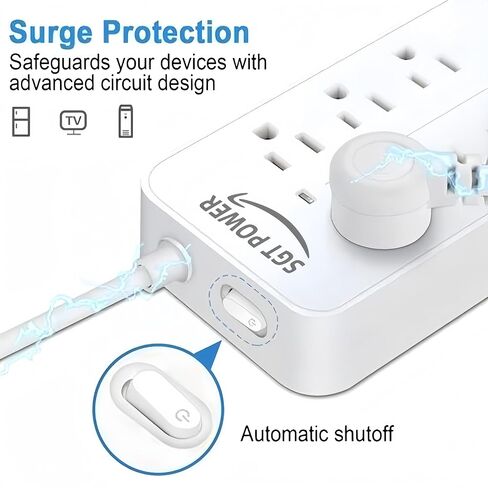 مشترك كهرباء لحماية التيار الزائد، 8 منافذ، 3 منافذ USB، 1 منفذ شحن من النوع C مع 2 أمبير، أبيض in Saudi Arabia