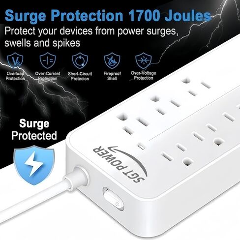 مشترك كهرباء لحماية التيار الزائد، 8 منافذ، 3 منافذ USB، 1 منفذ شحن من النوع C مع 2 أمبير، أبيض in Saudi Arabia