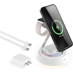 SODI 3 in 1 Wireless Charging Station for Multiple Devices, Mag-Safe Charger Stand with Ambient Light, 15W Magnetic Charger Station Compatible with iPhone 15 14 13 12 Pro/Max, AirPods & iWatch