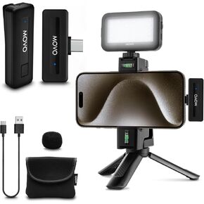 Movo VSK1 Wireless Vlogging Kit for iPhone 15: Complete YouTube Starter Kit with Wireless Microphone, LED Light, Hand Grip & Mini Tripod - iPhone 15 Vlogging Kit for Content Creators