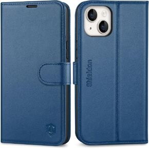 SHIELDON Case for iPhone 14 Plus 5G 2022, Genuine Leather Wallet Case RFID Blocking Card Holder Magnetic Cover Kickstand Shockproof Book Design Case Compatible with iPhone 14 Plus 6.7" - Navy Blue