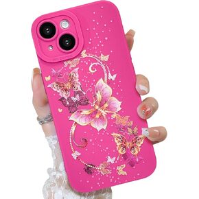 OOK for iPhone 13 Case Hot Pink Butterfly Pattern for Women Girls Anti-Slip Design Soft TPU Bumper Hard PC Lens Protective Cute Phone Cover for iPhone 13 6.1 Inch