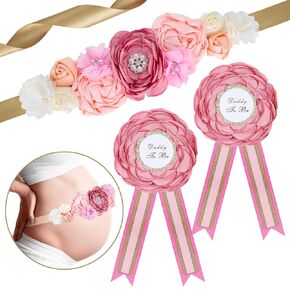 Whaline Boho Pink Baby Shower Sash Floral Flower Maternity Sash with Corsage Pin Kit Mom to Be & Dad to Be Corsage for Pregnant Mommy New Parents Baby Shower Gender Reveal Party Decor