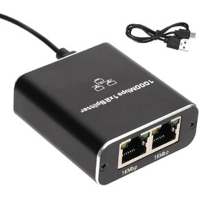 Ethernet Cable Adapter Splitter, 1000Mbps Ethernet Splitter 1 to 2 LAN Internet Splitter Black Gigabit Ethernet Splitter with USB for Cat5e/5/6/7/8 Cable Computer Digital TV Router Switch Hub