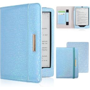 DMLuna Kindle Paperwhite Case, Fits 11th Generation 2021, 6.8", Smart Protective Durable Premium PU Leather Cover with Auto Sleep Wake, Hand Strap, Card Slots, Magnetic Clasp, Blue Sparkly
