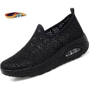 Women's Mesh Orthopedic Air Cushion Walking Shoes Casual Breathable Platform Wedge Slip-ons Sneakers Light Arch Support Toning Rocker Shoes