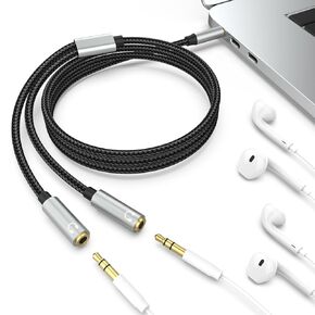 3.5mm Headphone Jack Splitter Cord, 3.5mm Male to 2 Female Extension Cable Headphone Jack Adapter, 3.5mm Stereo Audio Y Splitter Cable Compatible with Phone, smartphone, laptop, Xbox, PS4
