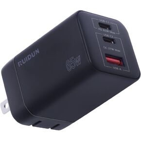 65W USB C Charger, Compact 3-Port GaN Wall Charger, Foldable Travel-Friendly PD3.0 Fast Charger for MacBook, iPad, Galaxy, iPhone & More RDUS-01