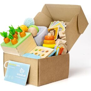 Montessori Toys Set for Babies 13-15 Months, 5 in 1 Wooden Learning Educational Toys with Montessori Sticks, Object Permanence Box, Textured Sensory Ball, Wooden Pattern Book and More