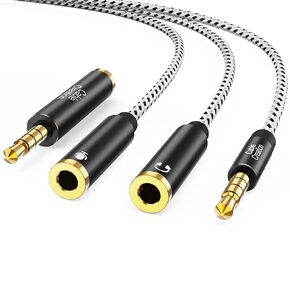 CableCreation 3.5mm Male to Dual 3.5mm Female Headphone and Microphone Stereo Audio Y Splitter Cable with 3.5mm Jack CTIA to OMTP Adapter, 0.2 M