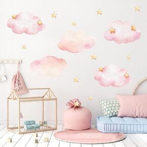 Clouds and Stars Wall Stickers, Pink Removable Wall Mural Stickers Cloud Wallpaper Stick and Peel Vinyl Wall Art Decals for Kids Baby Nursery Bedroom Living Room Home Decor Gift