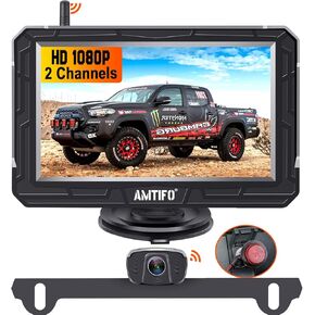 AMTIFO Wireless Backup Camera HD 1080P Bluetooth Rear View 5 Inch Split Screen Touch Key Monitor Car Truck Camper License Plate Cam System 2 Channels Waterproof Clear Night Vision (4.3 INCH)
