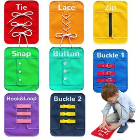 Fine Motor Skills Toys for Kids Basic-Life-Skills Learn to Dress Toddler Busy Board Includes Button, Buckle, Snap, Zip, Hoop & Loop, Lace and Tie Hand Eye Coordination for Preschool must haves