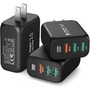 [3 Pack] USB-C Wall Charger, Bangfun 40W 4 Ports QC+PD 3.0 USB C Charging Block Multi USB Wall Plug Power Adapter Compatible for iPhone 15 14 13 12 11 Pro Max, Galaxy,Pixel(Black)