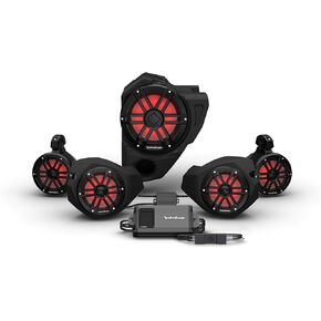 مجموعة الصوت Rockford Fosgate RZR14RC-STG4: واجهة قيادة ثنائية الاتجاه، أمبير 800 واط، M1 Color Optix متعدد الألوان بإضاءة LED أمامية، ومكبرات صوت خلفية ومضخم صوت لنماذج RZR مختارة (2014-2021)