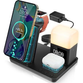 AURTEC 6 in 1 Wireless Charging Station with Alarm Clock, Night Light, Compatible with iPhone 15/14/13/12/11/Pro/Pro Max/Mini/XS/XR/X/8/Plus, Apple Watch 9/8/7/6/5/SE, AirPods Pro/3/2/1,15W Adapter in Kuwait