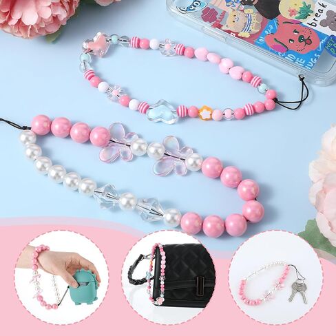 2 Packs Pink Phone Strap Phone Charm Strap Phone Wrist Strap Cute Phone Beads Charm Pink Love Bow Phone Charm Lanyard for Women Phone Decoration in Saudi Arabia