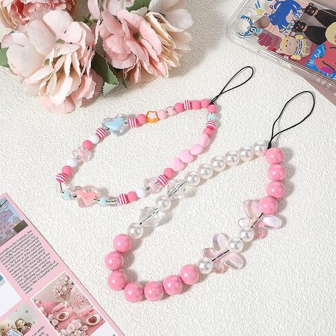 2 Packs Pink Phone Strap Phone Charm Strap Phone Wrist Strap Cute Phone Beads Charm Pink Love Bow Phone Charm Lanyard for Women Phone Decoration in Saudi Arabia