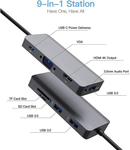 قاعدة إرساء ROG Ally 9 و1 محطة إرساء سطح بخار، ومحطة إرساء سطح بخار وHDMI2.0 4K@60 هرتز، 3 USB3.0-A، SD/TF، ​​VGA1080P، شحن PD بقوة 100 وات، محور USB C متعدد المنافذ in Kuwait