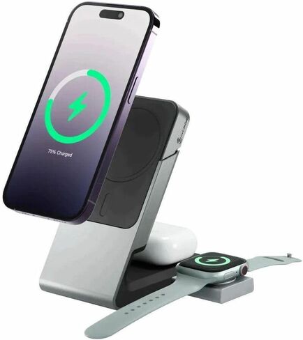 قاعدة شحن مغناطيسية عالمية 3 في 1 من ALOGIC Matrix مع شاحن ساعة ابل لهواتف iPhone 15 Pro Max و15 Pro و15 Plus و15 و14,13 و12 وApple Watch وAirpods Pro لأجهزة Apple - أسود in Kuwait