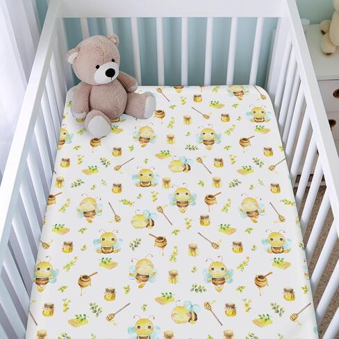 Watercolor Bees Boho Sunflowers Leaves Baby Crib Sheets for Boy and Girl 52"x28" Bees Retro Floral Crib Mattress Sheet Soft Breathable Baby Bed Sheets for Standard Crib and Toddler Mattresses in Saudi Arabia