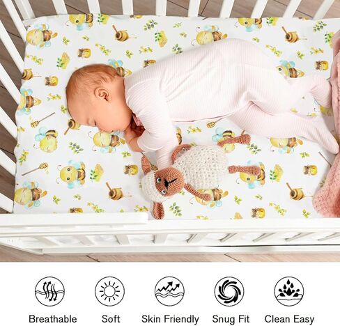 Watercolor Bees Boho Sunflowers Leaves Baby Crib Sheets for Boy and Girl 52"x28" Bees Retro Floral Crib Mattress Sheet Soft Breathable Baby Bed Sheets for Standard Crib and Toddler Mattresses in Saudi Arabia