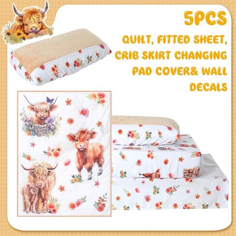 طقم مفروشات سرير أطفال بقرة هايلاند مكون من 5 قطع وملصقات جدارية لغرفة الأطفال، مجموعات لحاف صغيرة لغرف الأطفال، ملاءة سرير محايدة للجنسين، لحاف، تنورة سرير، غطاء وسادة تغيير للأولاد والبنات in Kuwait