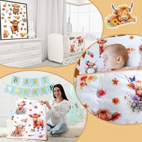 طقم مفروشات سرير أطفال بقرة هايلاند مكون من 5 قطع وملصقات جدارية لغرفة الأطفال، مجموعات لحاف صغيرة لغرف الأطفال، ملاءة سرير محايدة للجنسين، لحاف، تنورة سرير، غطاء وسادة تغيير للأولاد والبنات in Kuwait