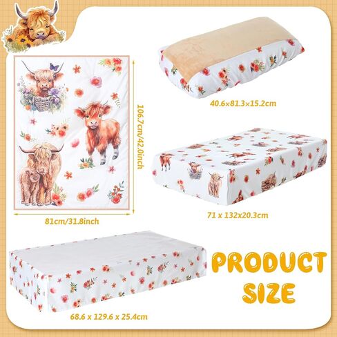 طقم مفروشات سرير أطفال بقرة هايلاند مكون من 5 قطع وملصقات جدارية لغرفة الأطفال، مجموعات لحاف صغيرة لغرف الأطفال، ملاءة سرير محايدة للجنسين، لحاف، تنورة سرير، غطاء وسادة تغيير للأولاد والبنات in Kuwait