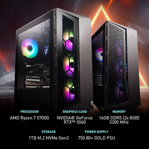 سطح المكتب للألعاب MSI Aegis ZS: AMD R7-5700G، GeForceRTX 3060، 16 جيجابايت DDR4 3200 ميجاهرتز، 1 تيرابايت M.2 NVMe، 80+ Gold PSU، WiFi 6E، لوحة مفاتيح وماوس، سهل التركيب، Windows 11 Home Plus: 5TC-428US (متجدد) ) in Kuwait