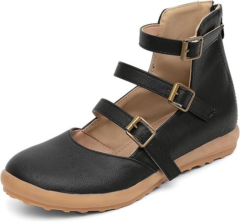 GATUXUS Women's Low Wedge Back Zipper Flats Sandals Ankle Strap Buckle Closed Toe Mary Jane Ballet Flat Shoes in Saudi Arabia