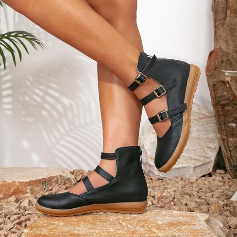 GATUXUS Women's Low Wedge Back Zipper Flats Sandals Ankle Strap Buckle Closed Toe Mary Jane Ballet Flat Shoes in Saudi Arabia