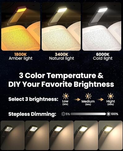 ضوء كتاب قابل لإعادة الشحن للقراءة في السرير، مصابيح LED لقراءة الكتب مع مشبك، مثالي لديدان الكتب وإضاءة السيلفي in Kuwait