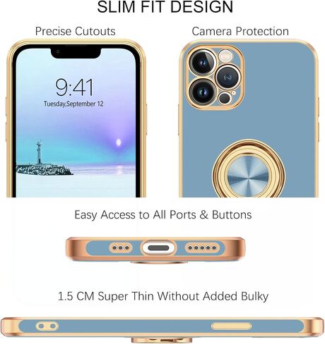 حافظة BENTOBEN iPhone 13 Pro، حافظة هاتف iPhone 13 Pro مع حامل حلقي 360 درجة ومسند مغناطيسي للسيارة يدعم الحماية للفتيات والأولاد والنساء والرجال لهاتف iPhone 13 Pro 5G 6.1 بوصة، رمادي in Saudi Arabia