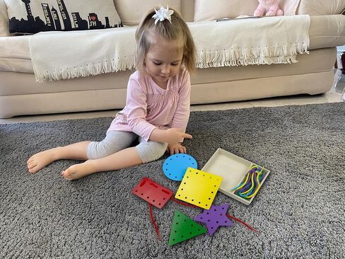 5 Pcs Double-Sided Shape Panels Wooden Threading Toy Lacing Cards for Toddlers, Lacing Shapes, Educational and Learning Montessori Activity for Kids (Half Round) in Saudi Arabia