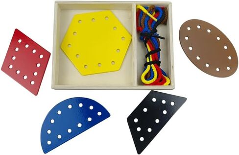 5 Pcs Double-Sided Shape Panels Wooden Threading Toy Lacing Cards for Toddlers, Lacing Shapes, Educational and Learning Montessori Activity for Kids (Half Round) in Saudi Arabia