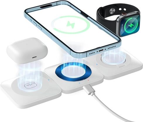 شاحن لاسلكي 3 في 1 لهاتف iPhone، قاعدة شحن لاسلكية مغناطيسية محمولة 3 في 1، شاحن سفر لأجهزة متعددة، لهاتف iPhone 15 14 13 Pro Max، AirPods، Apple Watch - أبيض (المحول غير متضمن) in Kuwait