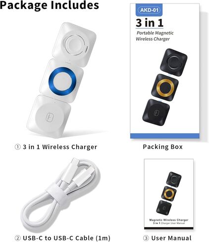 شاحن لاسلكي 3 في 1 لهاتف iPhone، قاعدة شحن لاسلكية مغناطيسية محمولة 3 في 1، شاحن سفر لأجهزة متعددة، لهاتف iPhone 15 14 13 Pro Max، AirPods، Apple Watch - أبيض (المحول غير متضمن) in Kuwait