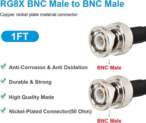 MOOKEERF RG8X BNC Male to BNC Male Coaxial Cable 25FT 50 ohm Ultra Low Loss for Antenna, RF Radio, Modem, Oscilloscope, Spectrum, Analyzer, Signal Generator in Kuwait