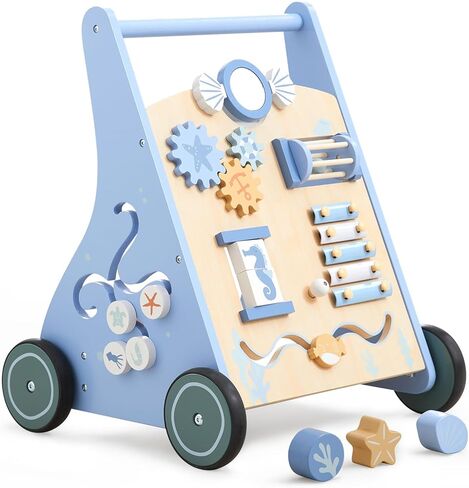 Beright Wooden Baby Walker Push and Pull Learning Activity Walker Kids’ Activity Toy Multiple Activities Center Develops Motor Skills & Stimulates Creativity, Blue in Kuwait