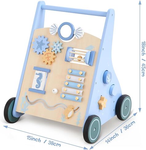 Beright Wooden Baby Walker Push and Pull Learning Activity Walker Kids’ Activity Toy Multiple Activities Center Develops Motor Skills & Stimulates Creativity, Blue in Kuwait
