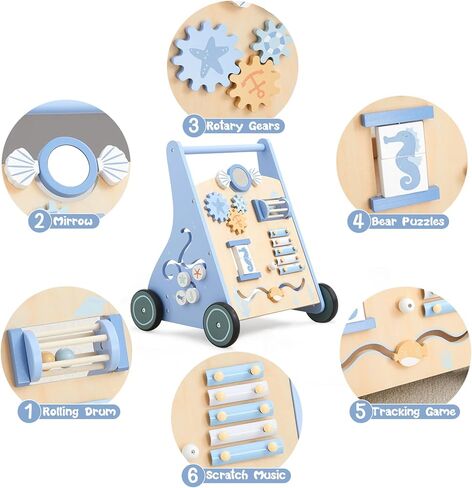Beright Wooden Baby Walker Push and Pull Learning Activity Walker Kids’ Activity Toy Multiple Activities Center Develops Motor Skills & Stimulates Creativity, Blue in Kuwait