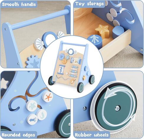 Beright Wooden Baby Walker Push and Pull Learning Activity Walker Kids’ Activity Toy Multiple Activities Center Develops Motor Skills & Stimulates Creativity, Blue in Kuwait